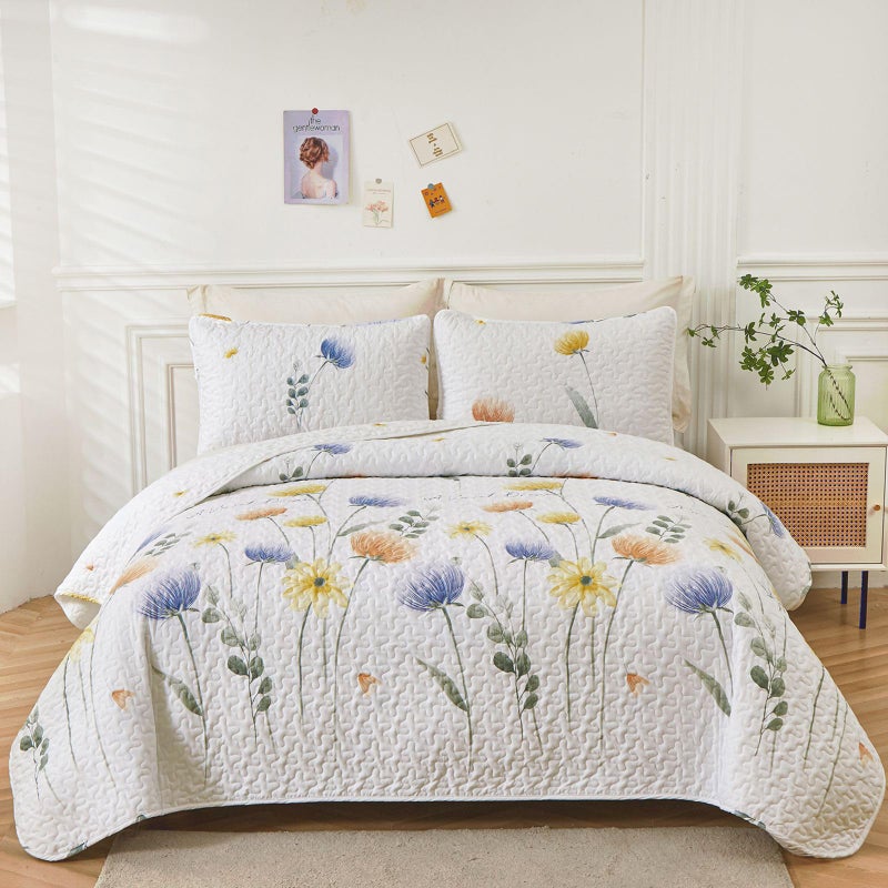 Dinjoy Floral Quilt Set Twin Size  Blue Yellow Bedspreads 2 Pieces Cute Bedding Set Lightweight Farmhouse Quilts Soft Flower White Coverlet Bed Sets For Summer Women 68""X86"" - Image 1