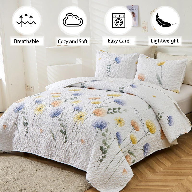 Dinjoy Floral Quilt Set Twin Size  Blue Yellow Bedspreads 2 Pieces Cute Bedding Set Lightweight Farmhouse Quilts Soft Flower White Coverlet Bed Sets For Summer Women 68""X86"" - Image 2