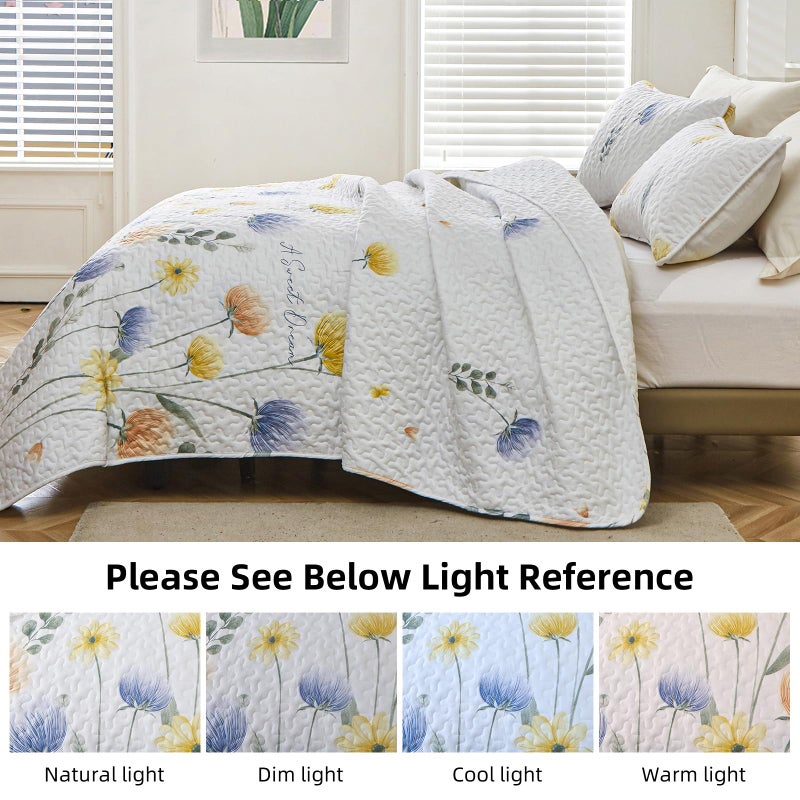 Dinjoy Floral Quilt Set Twin Size  Blue Yellow Bedspreads 2 Pieces Cute Bedding Set Lightweight Farmhouse Quilts Soft Flower White Coverlet Bed Sets For Summer Women 68""X86"" - Image 3