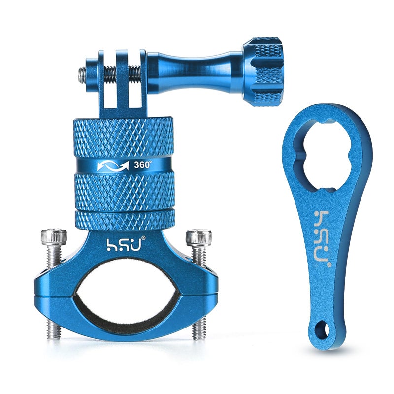 HSU Aluminum Bike Bicycle Handlebar Mount for Gopro Hero 13/12/11/10/9/8/7/6/5/4 Session SJCAM AKASO Campark and Other Action Cameras, 360 Degrees Rotary Mountain Bike Rack Mount (Blue) - Image 1