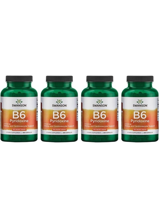 Swanson B6 Pyridoxine - Vitamin Supplement Promoting Cardiovascular Health & Energy Metabolism - Natural Formula Promoting Overall Wellness - (250 Capsules, 100mg Each) (4 Pack)