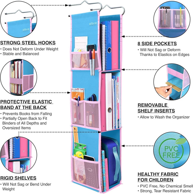Abra ® 3 Shelf Hanging Locker Organizer for School, Work, Gym, Storage | Deep Shelves 6.5”x 9”| Eco-Friendly Fabric Healthy for Children | Adjustable School Locker Shelf from 3 to 2 Shelves (Blue/Pink) - Image 4