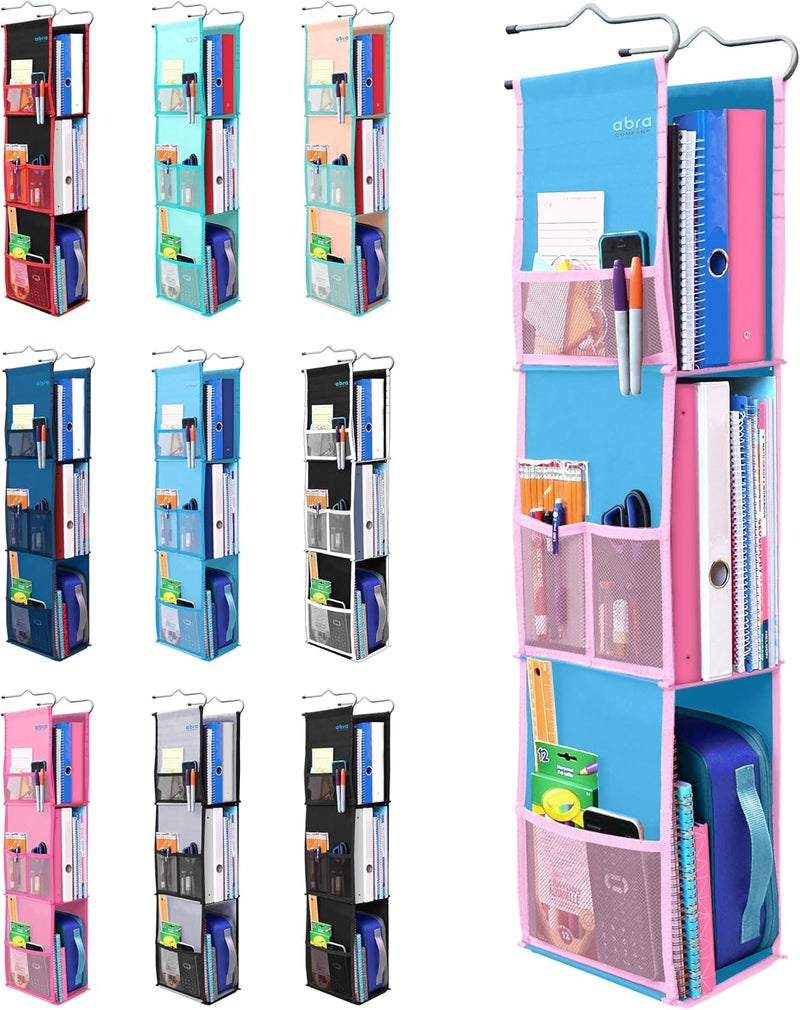 Abra ® 3 Shelf Hanging Locker Organizer for School, Work, Gym, Storage | Deep Shelves 6.5”x 9”| Eco-Friendly Fabric Healthy for Children | Adjustable School Locker Shelf from 3 to 2 Shelves (Blue/Pink) - Image 1