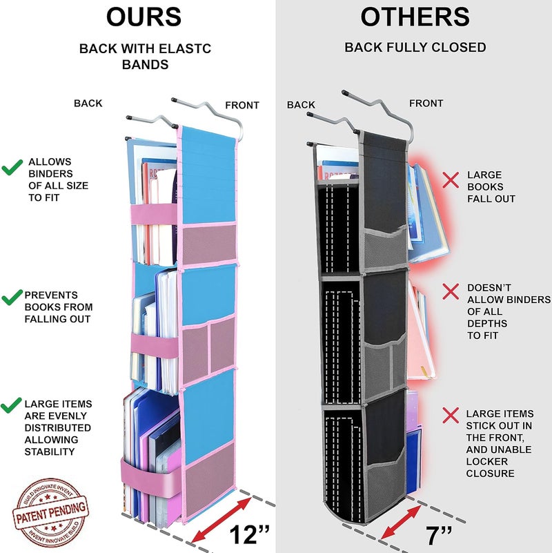Abra ® 3 Shelf Hanging Locker Organizer for School, Work, Gym, Storage | Deep Shelves 6.5”x 9”| Eco-Friendly Fabric Healthy for Children | Adjustable School Locker Shelf from 3 to 2 Shelves (Blue/Pink) - Image 3