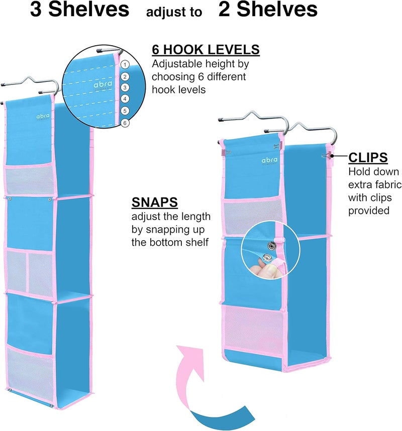 Abra ® 3 Shelf Hanging Locker Organizer for School, Work, Gym, Storage | Deep Shelves 6.5”x 9”| Eco-Friendly Fabric Healthy for Children | Adjustable School Locker Shelf from 3 to 2 Shelves (Blue/Pink) - Image 5