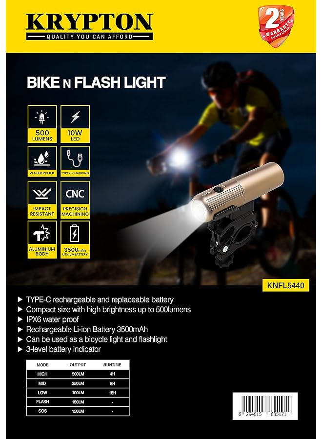 KRYPTON Bike n Flashlight KNFL5440 Impact Resistant Waterproof and Compact Size Uses Rechargeable and Replaceable Li ion Battery Rose Gold and Holder Includes a Holder 2 Years Warranty - Image 5