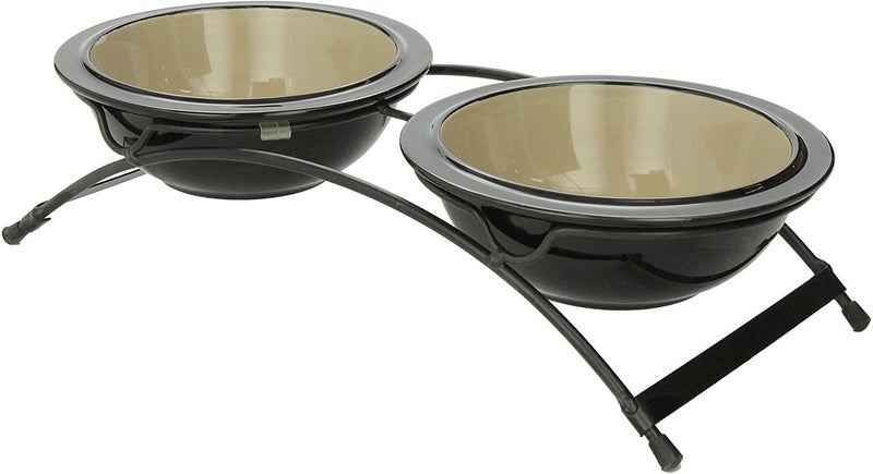 PetRageous 44339 Buddys Best Steel Frame NonSkid Raised Dog Feeder 13Inch by 575Inch by 3Inch Tall Anti Slip Dog Diner with 2 DishwasherSafe Stoneware 6Inch 2Cup Capacity Bowls Brown