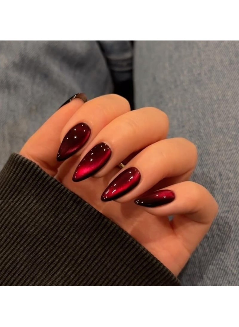 Yalla Pick 24Pcs Press on Nails Cat Eye,Sparkly Shiny Fake Nails Set, Cute Bling Glue on Nails Medium Length for Women, Cat Eye Design(Dark Red) - Image 1