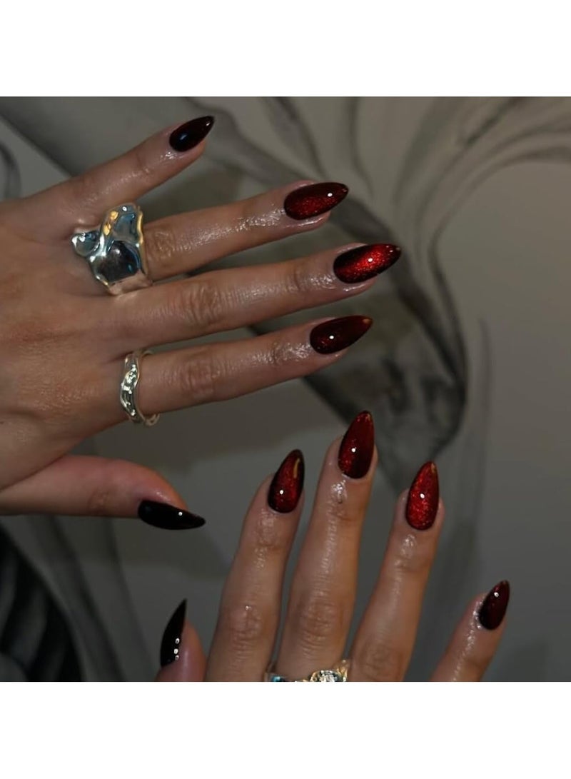 Yalla Pick 24Pcs Press on Nails Cat Eye,Sparkly Shiny Fake Nails Set, Cute Bling Glue on Nails Medium Length for Women, Cat Eye Design(Dark Red) - Image 5
