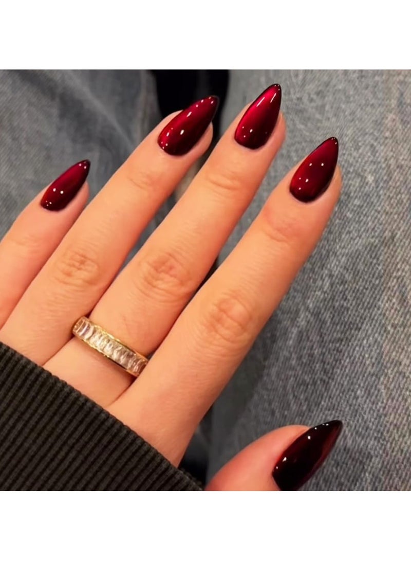 Yalla Pick 24Pcs Press on Nails Cat Eye,Sparkly Shiny Fake Nails Set, Cute Bling Glue on Nails Medium Length for Women, Cat Eye Design(Dark Red) - Image 3