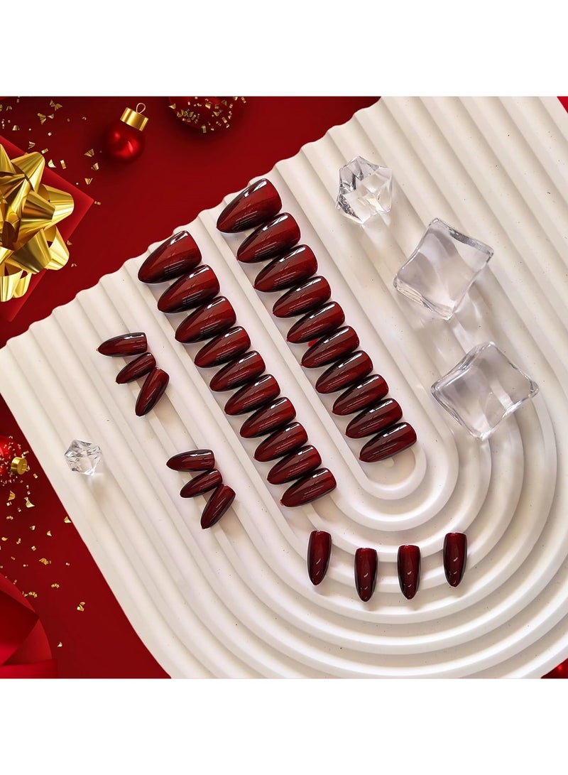 Yalla Pick 24Pcs Press on Nails Cat Eye,Sparkly Shiny Fake Nails Set, Cute Bling Glue on Nails Medium Length for Women, Cat Eye Design(Dark Red) - Image 4