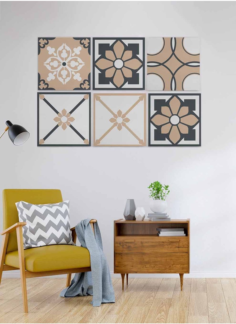LOWHA Set Of 6 Framed Square Canvas Wall Arts Stretched Over Wooden Frame, Vintage Decorative Seamless Painting, For Home, Living Room, Office Decor  - Image 3