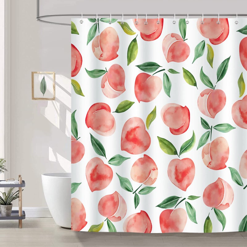 Bonhause Peach Shower Curtain Allover Fruits Pink Peachy Bathroom Curtain 72x72 Inch Polyester Fabric Waterproof Bath Curtain with 12 Hooks