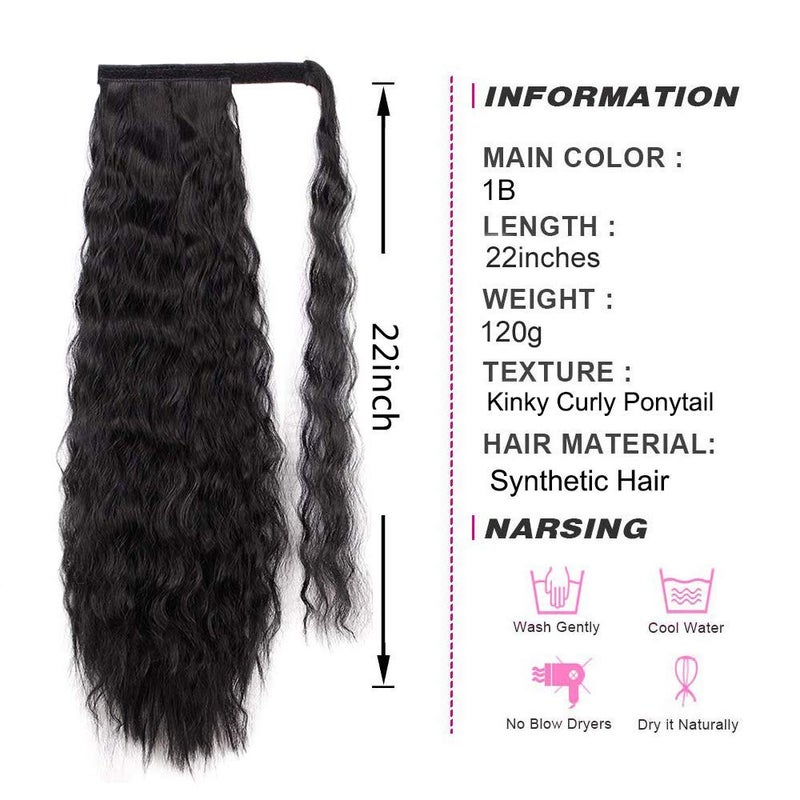 Stamped Glorious Long Corn Wave Ponytail Extension Magic Paste Heat Resistant Wavy Synthetic Wrap Around Ponytail Black Hairpiece for Women (22 Inch, 22 Inch-Black) - Image 4