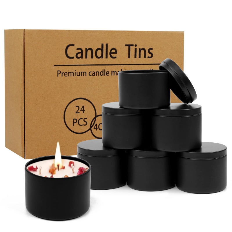 DINGPAI 24 Pcs Black Candle Tins 4 oz Black Empty Candle Tin with Lids for DIY Candles Making Matte Full Black Candle Jars for Candle Making Storage Christmas Candle Gifts