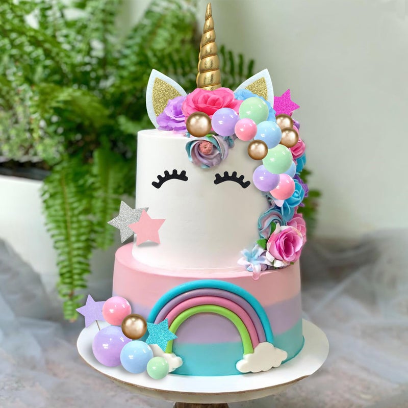 DRWATE 38 PCS Unicorn Cake Topper Unicorn Flower Cake Decorations with Flowers Balls Stars Unicorn Happy Birthday Cake Decorations (Flower) - Image 5