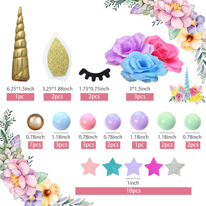DRWATE 38 PCS Unicorn Cake Topper Unicorn Flower Cake Decorations with Flowers Balls Stars Unicorn Happy Birthday Cake Decorations (Flower) - Image 2