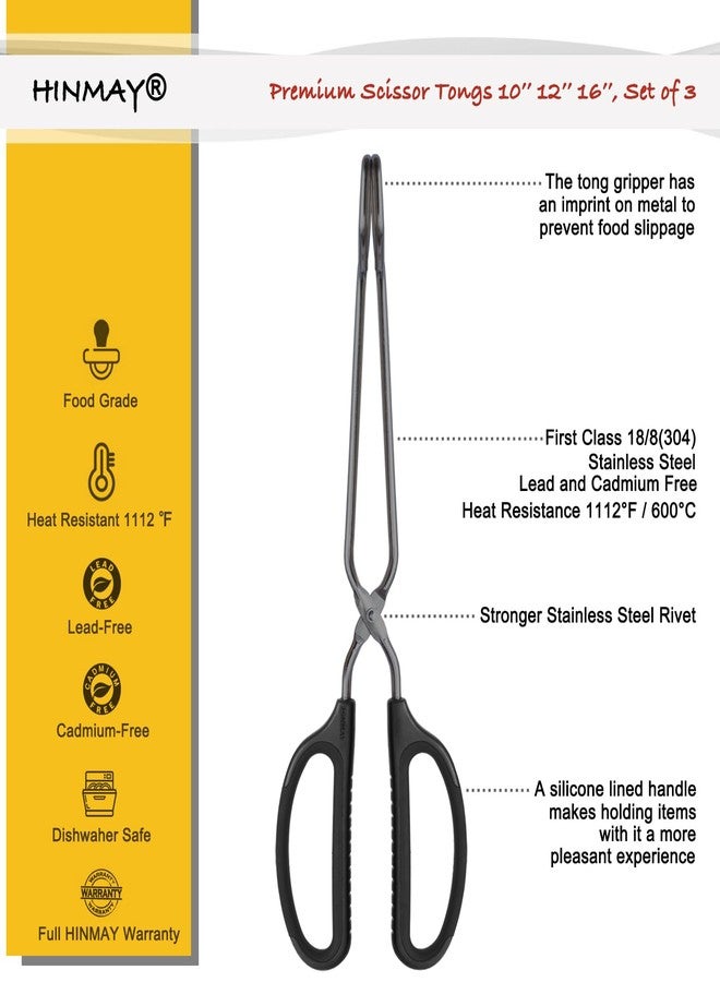 HINMAY 10" 12" 16" Stainless Steel Kitchen Tongs Set, Non-Slip Comfortable Grip Scissor Tongs for Cooking, Grilling & Serving, Set of 3 - Image 2