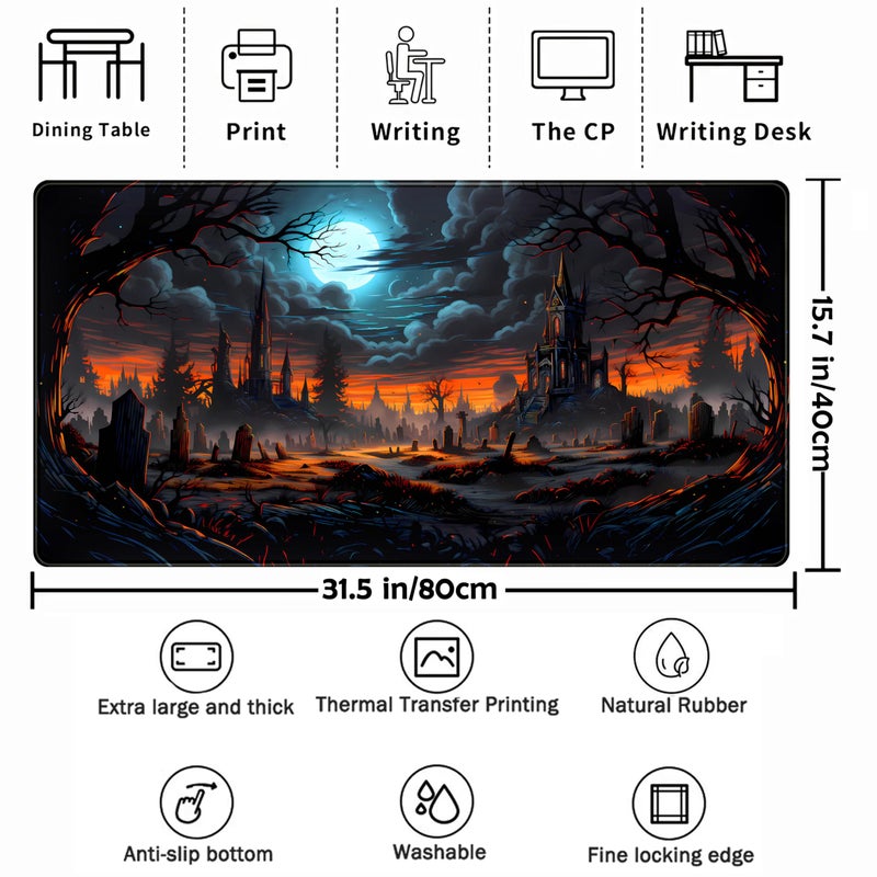 TENG DA QING Dark Fantasy Castle Desk Pad Extended Gaming Mouse Pad, XXL Large Computer Laptop Keyboard Wireless Mouse Mat, Office Desk Decor Mousepad Deskmat with Stitched Edges Matt 31.5x15.7 in - Image 2