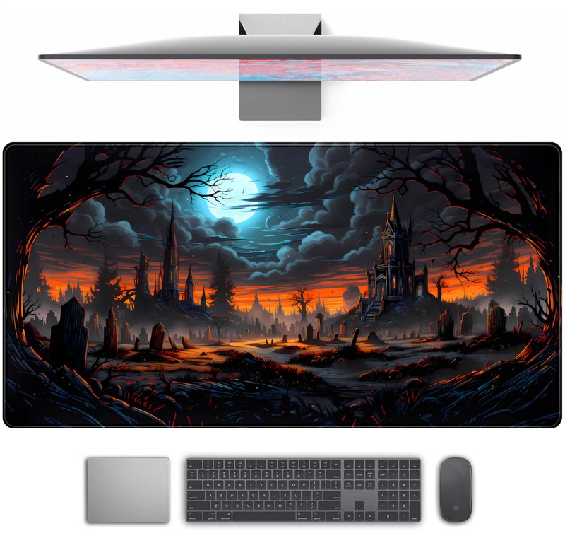 TENG DA QING Dark Fantasy Castle Desk Pad Extended Gaming Mouse Pad, XXL Large Computer Laptop Keyboard Wireless Mouse Mat, Office Desk Decor Mousepad Deskmat with Stitched Edges Matt 31.5x15.7 in - Image 1