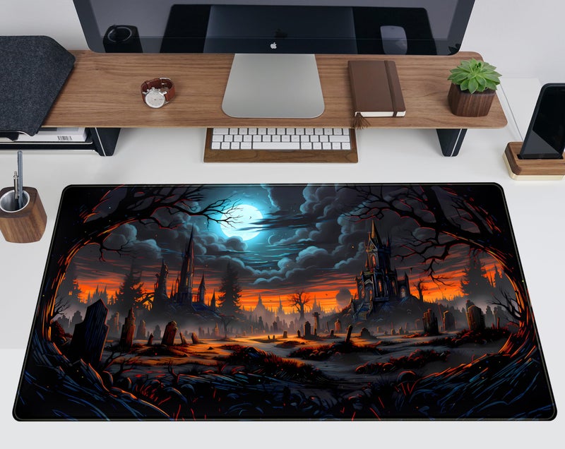 TENG DA QING Dark Fantasy Castle Desk Pad Extended Gaming Mouse Pad, XXL Large Computer Laptop Keyboard Wireless Mouse Mat, Office Desk Decor Mousepad Deskmat with Stitched Edges Matt 31.5x15.7 in - Image 5