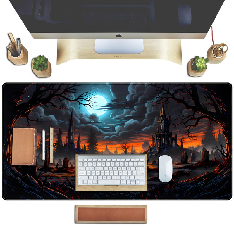 TENG DA QING Dark Fantasy Castle Desk Pad Extended Gaming Mouse Pad, XXL Large Computer Laptop Keyboard Wireless Mouse Mat, Office Desk Decor Mousepad Deskmat with Stitched Edges Matt 31.5x15.7 in - Image 4