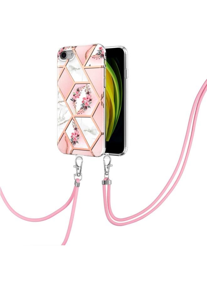 S-TOP Case For iPhone SE 2022 / SE 2020 / 8 / 7 Electroplating Splicing Marble Flower Pattern TPU Shockproof Case with Lanyard - Image 1