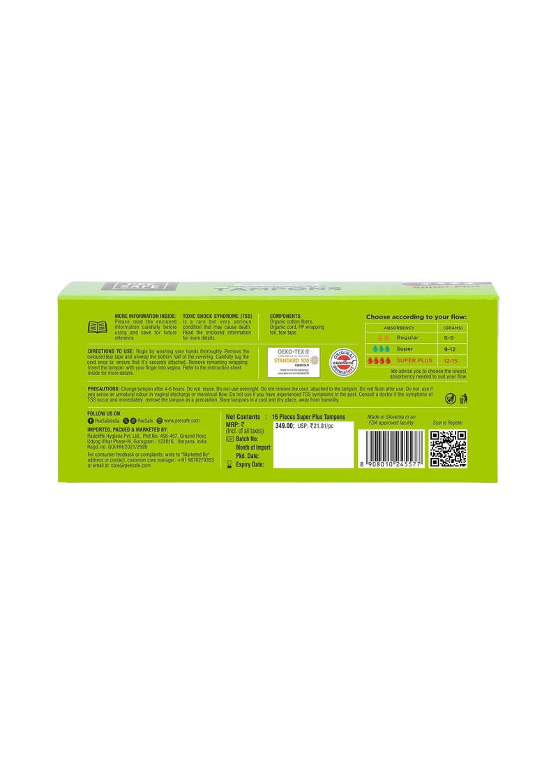 PEESAFE Organic Cotton Tampons - Very Heavy Flow Super Plus Size 16 Pcs  - Image 2