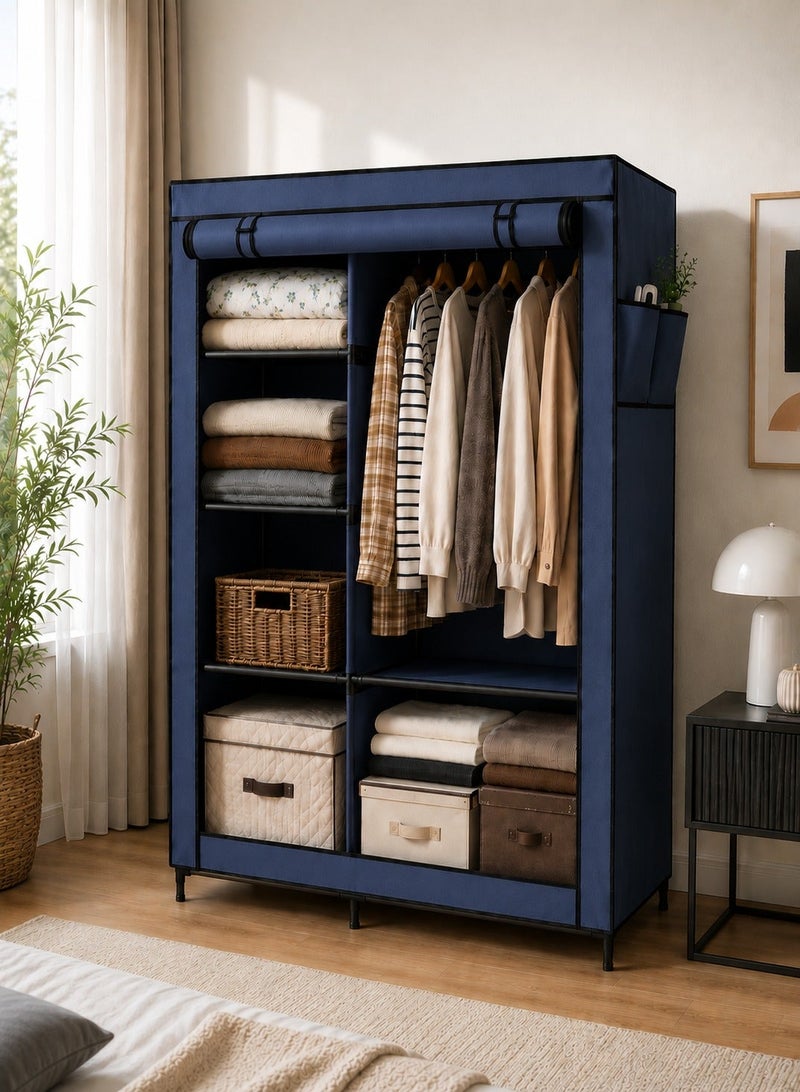 Roman Gifts Portable Fabric Wardrobe Clothes Storage Organizer with Metal Frame - Deep Blue/Cyan - Image 1