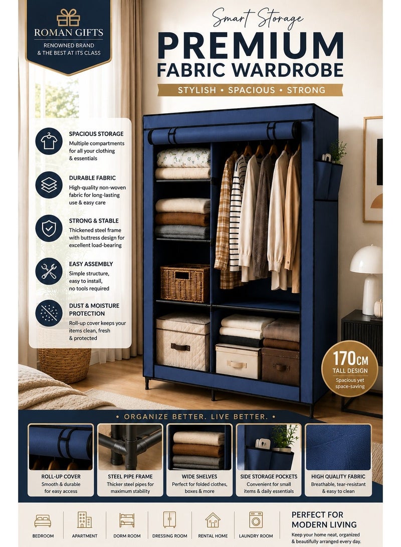 Roman Gifts Portable Fabric Wardrobe Clothes Storage Organizer with Metal Frame - Deep Blue/Cyan - Image 3