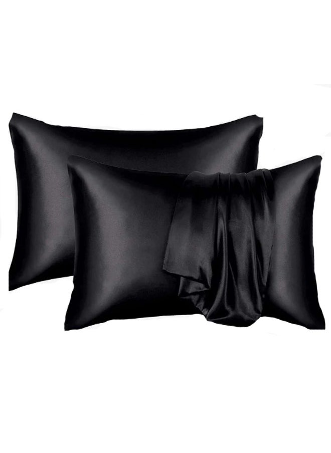 Generic - 2 Pcs Premium Queen Pillowcase Silk Black 76 x 51 cm - Image 1