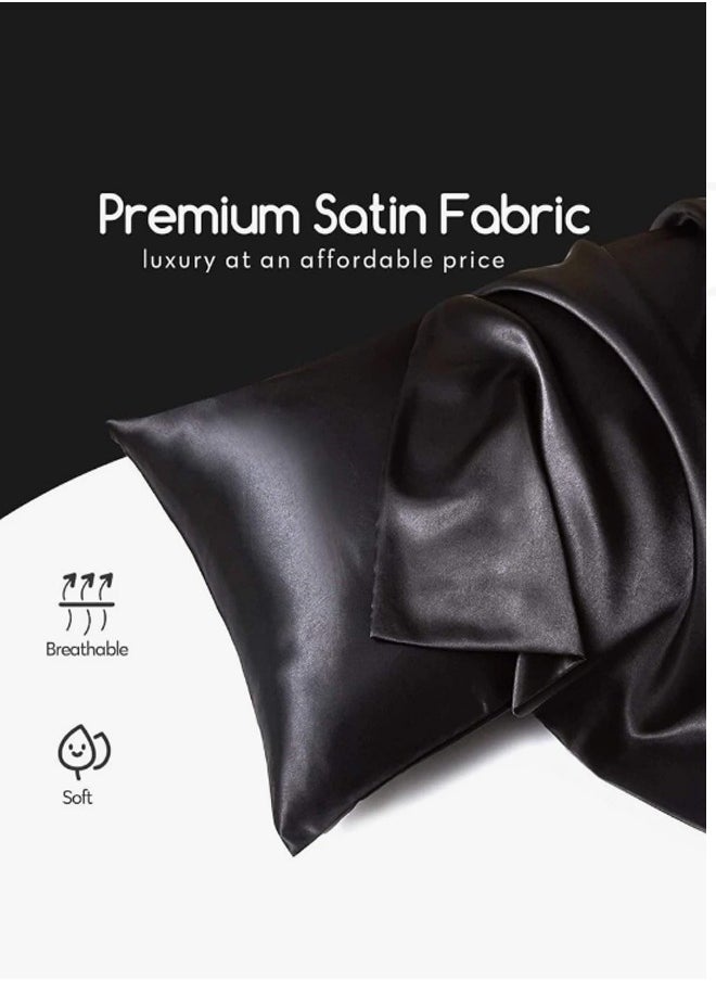 Generic - 2 Pcs Premium Queen Pillowcase Silk Black 76 x 51 cm - Image 1