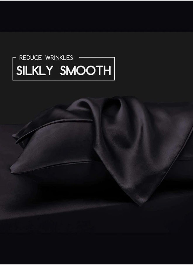 Generic - 2 Pcs Premium Queen Pillowcase Silk Black 76 x 51 cm - Image 1