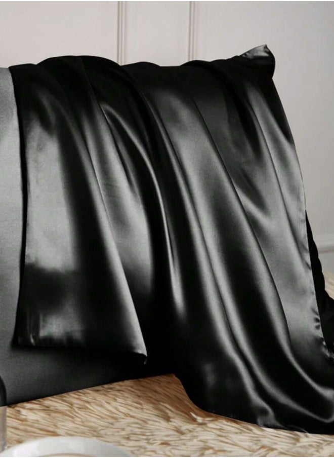 Generic - 2 Pcs Premium Queen Pillowcase Silk Black 76 x 51 cm - Image 1