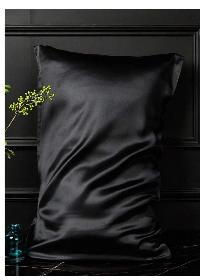 Generic - 2 Pcs Premium Queen Pillowcase Silk Black 76 x 51 cm - Image 1