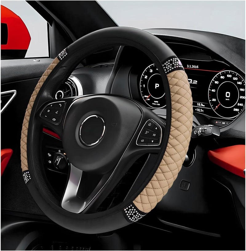 غطاء عجلة قيادة سيارات براق، مقاس 15 بوصة، واقي عجلة قيادة من الجلد الناعم المرصع بحبات الراينستون اللامعة، أغطية عجلة قيادة مرنة عالمية غير قابلة للانزلاق للنساء والفتيات (بيج) - Image 1