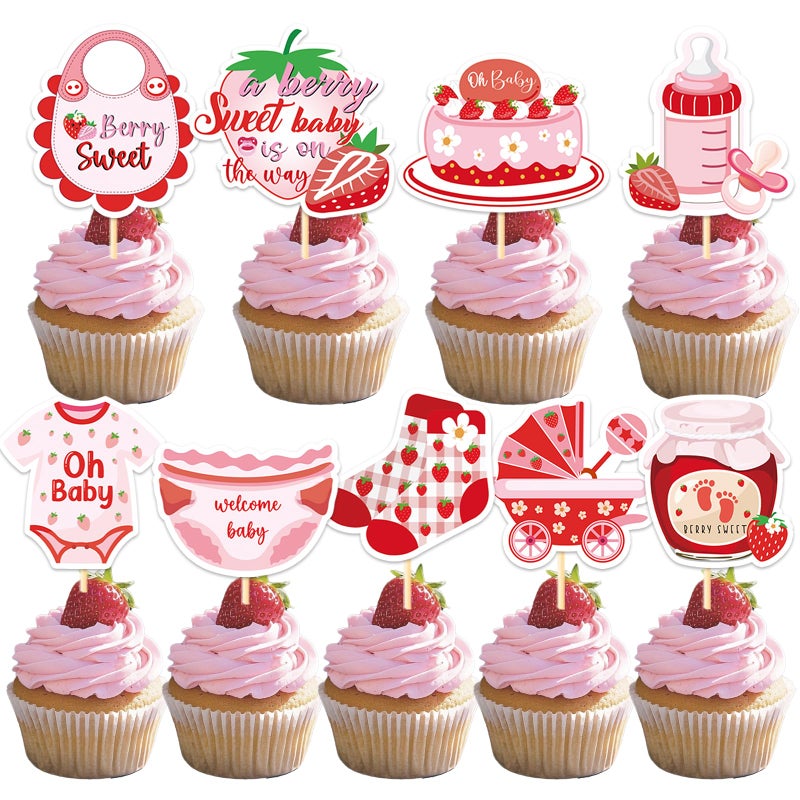 Refavor Strawberry Baby Shower Cupcake Toppers Decorations, 36PCS A Berry Sweet Baby Is On The Way Decoration, Gender Reveal Decor for Baby Girl - Image 1