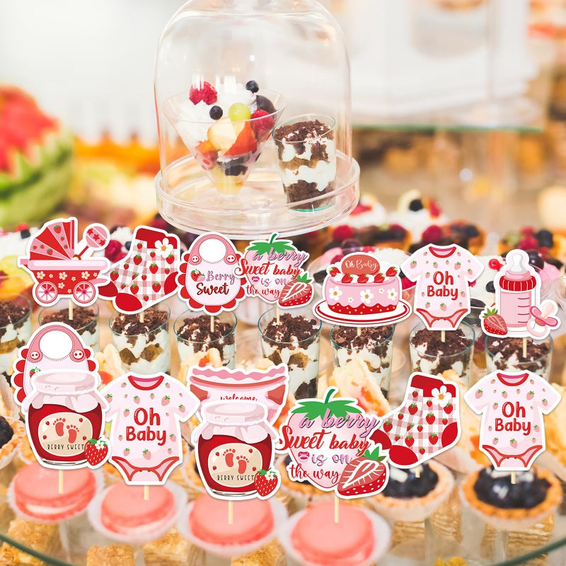 Refavor Strawberry Baby Shower Cupcake Toppers Decorations, 36PCS A Berry Sweet Baby Is On The Way Decoration, Gender Reveal Decor for Baby Girl - Image 5