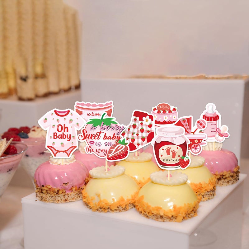 Refavor Strawberry Baby Shower Cupcake Toppers Decorations, 36PCS A Berry Sweet Baby Is On The Way Decoration, Gender Reveal Decor for Baby Girl - Image 4