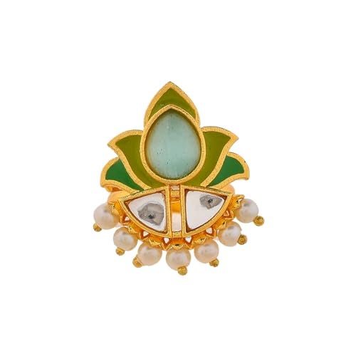VOYLLA Forever More Floral Green Stone Enamelled Cocktail Ring, Enameled Ring For Women, Adjustable Ring, Wedding, Gift For Women - Image 1