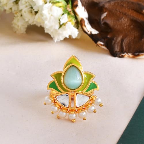 VOYLLA Forever More Floral Green Stone Enamelled Cocktail Ring, Enameled Ring For Women, Adjustable Ring, Wedding, Gift For Women - Image 2