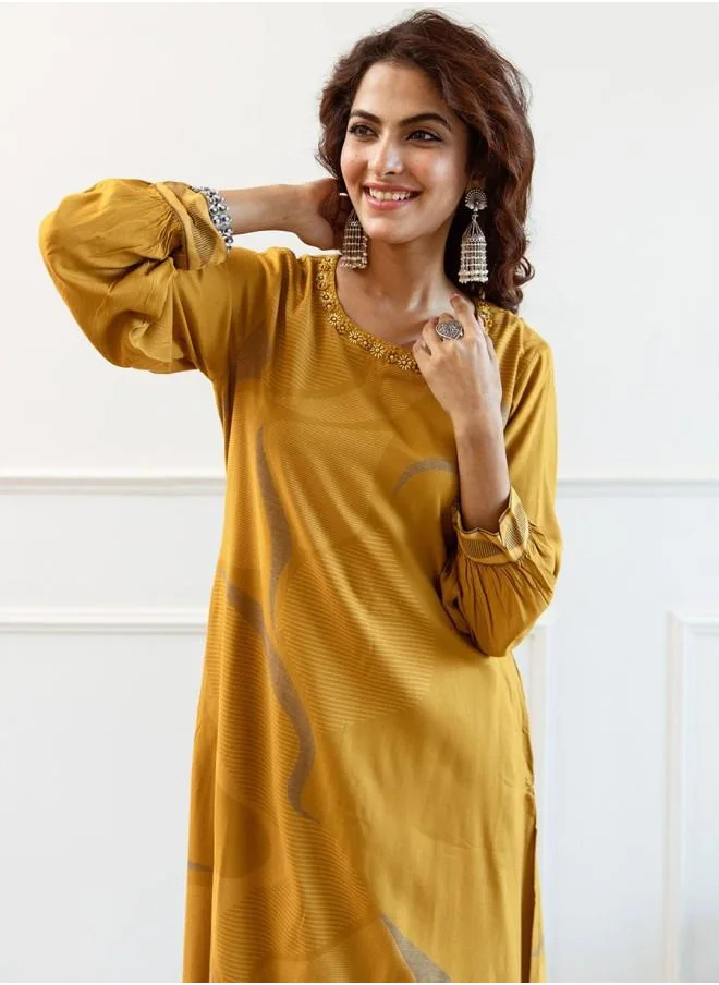 ISHIN Palazzo Women Yellow Rayon Kurta Set with Embroidered pattern Tunic and Palazzo features a Round neckline and Three-Fourth Sleeve secured with Elastic closure and styled in Straight Fit ideal for Festive moments — crafted to elevate your special moments.