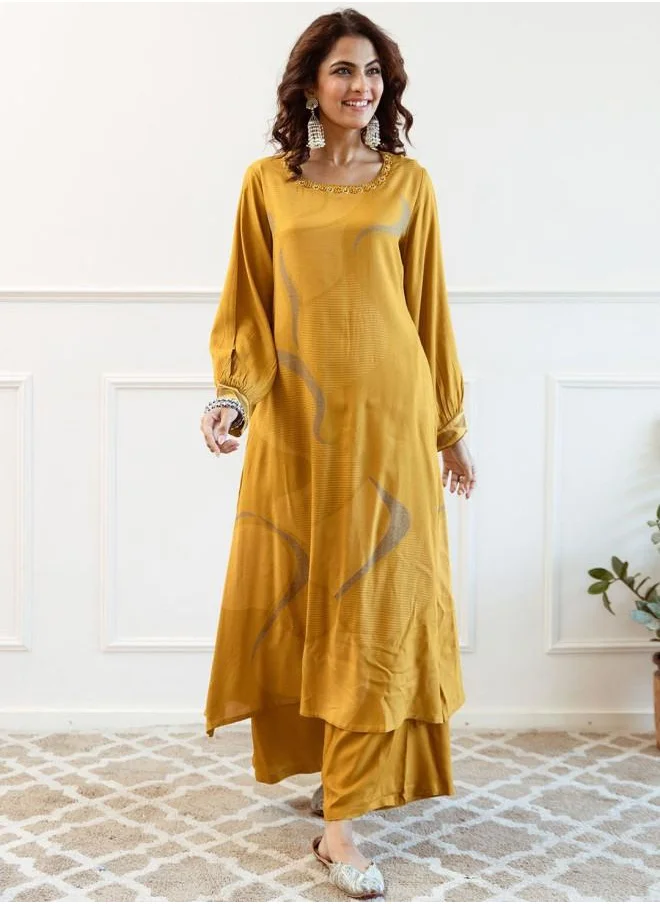 ISHIN Palazzo Women Yellow Rayon Kurta Set with Embroidered pattern Tunic and Palazzo features a Round neckline and Three-Fourth Sleeve secured with Elastic closure and styled in Straight Fit ideal for Festive moments — crafted to elevate your special moments.