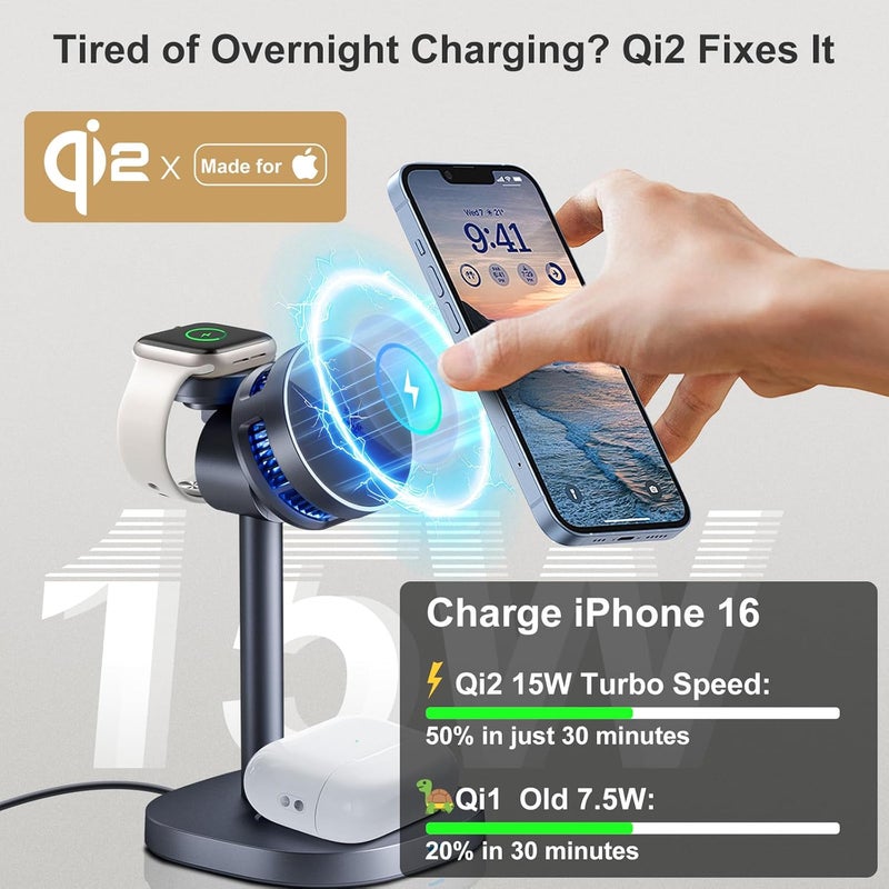 Utezena Qi2 Wireless Charger 3-in-1 Magnetic, TEC Cooling Fan, 15W Fast Charging Stand for iPhone 12-16, Apple Watch, AirPods, Foldable Adjustable Charging Station Dock with 360° Rotation - Image 4