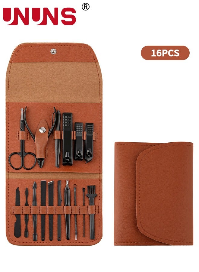 UNUNS 16 Pcs Nail Clipper Set,Manicure Set,Carbon Steel Manicure Kit,Pedicure Kit With Nail Clippers,Personal Care Tools,Grooming Kit With Luxurious Brown Leather Portable Travel Case,Gifts For Men Women - Image 1