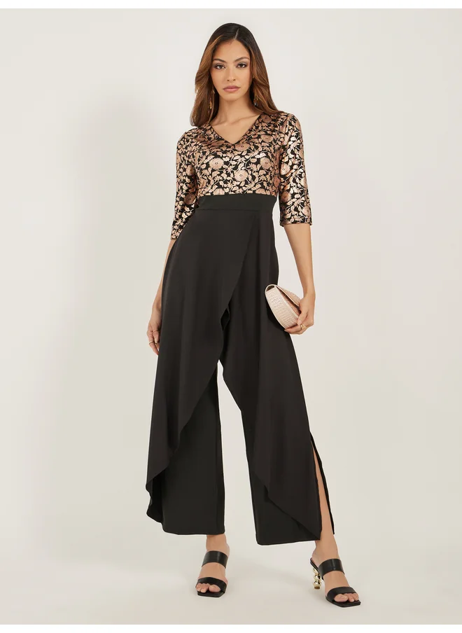 ستايلي Styli Jacquard V Neck Wide Leg Jumpsuit with Layered Overlay