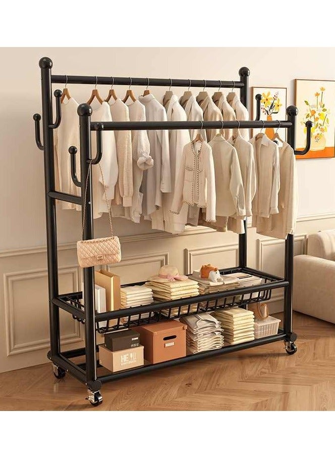 Alissa Double Rod Heavy-Duty Clothing Rack – Black Metal Garment Organizer with 8 Tree-Style Hooks, Open Basket, Shoe Shelf & 2-Tier Bottom Storage (170×150×38cm) - Image 1