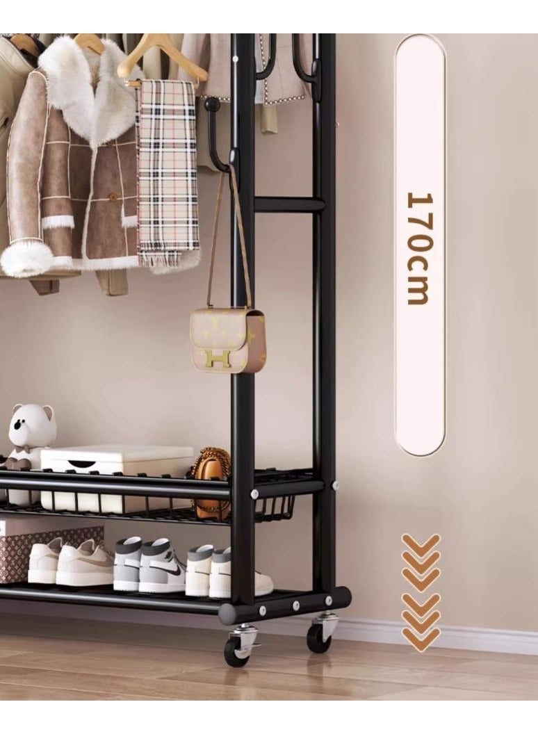 Alissa Double Rod Heavy-Duty Clothing Rack – Black Metal Garment Organizer with 8 Tree-Style Hooks, Open Basket, Shoe Shelf & 2-Tier Bottom Storage (170×150×38cm) - Image 4