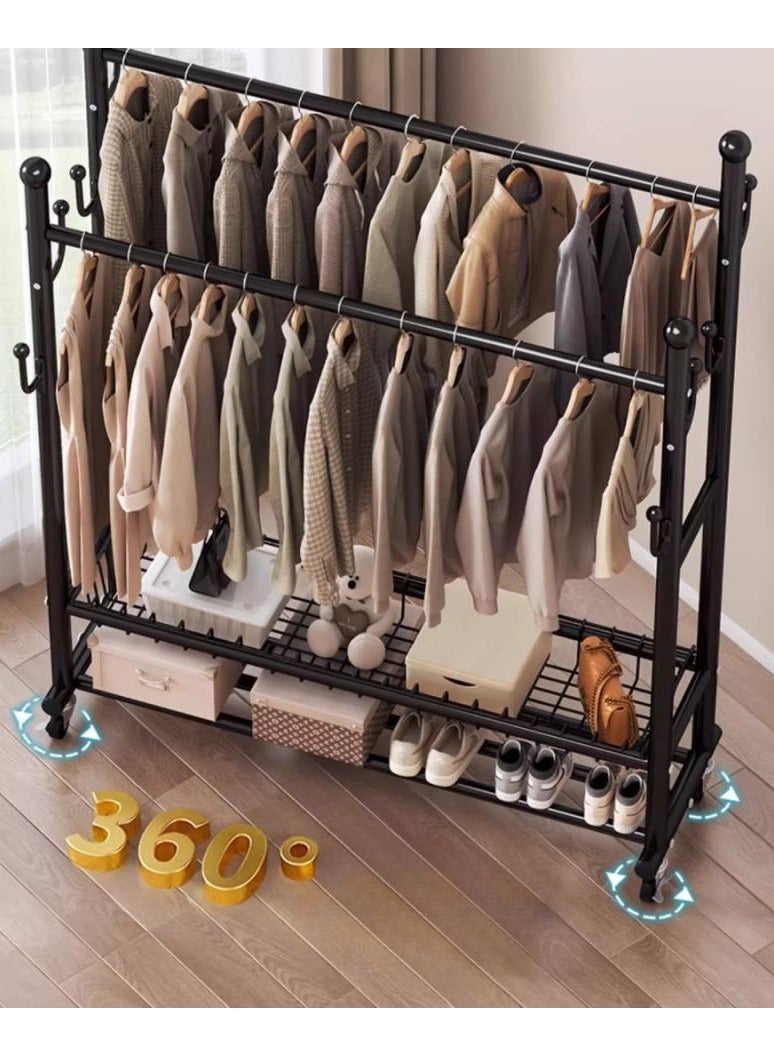 Alissa Double Rod Heavy-Duty Clothing Rack – Black Metal Garment Organizer with 8 Tree-Style Hooks, Open Basket, Shoe Shelf & 2-Tier Bottom Storage (170×150×38cm) - Image 5