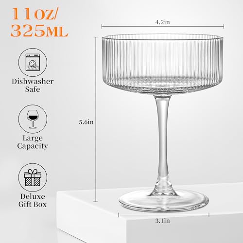 Amyoole Vintage Ribbed Coupe Glasses Set of 611oz Clear 100 Crystal Martini Glasses Elegant Cocktail Glasses Transparent Glassware for Champagne Margaritas Espresso with a Rose Ice Mold - Image 3
